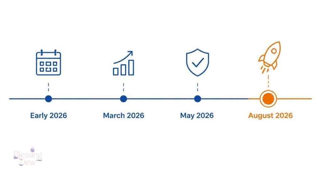 Timeline showing how TubeHalote.com changed throughout 2026, including its August Law category update