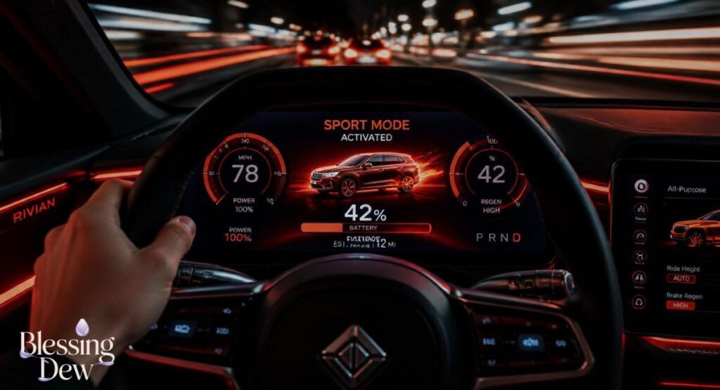 Cadillac Lyriq Sport Mode dashboard display showing faster battery drain during acceleration